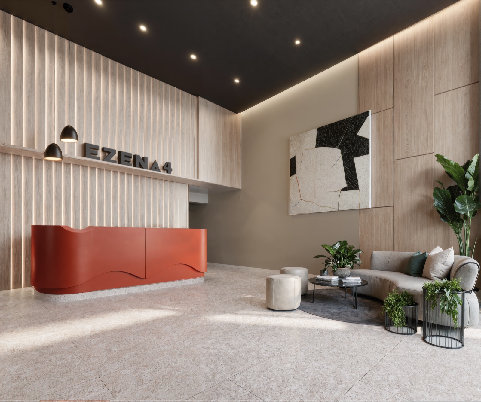 Lobby · Ezena 4 · render de VIZIA STUDIO