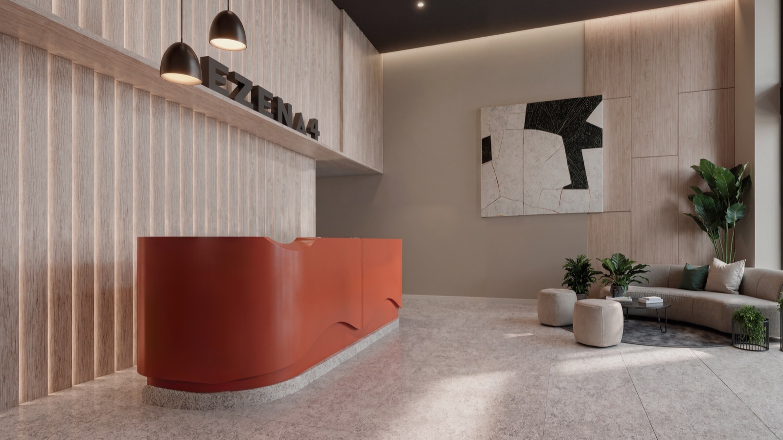 Lobby · Ezena 4 · render de VIZIA STUDIO