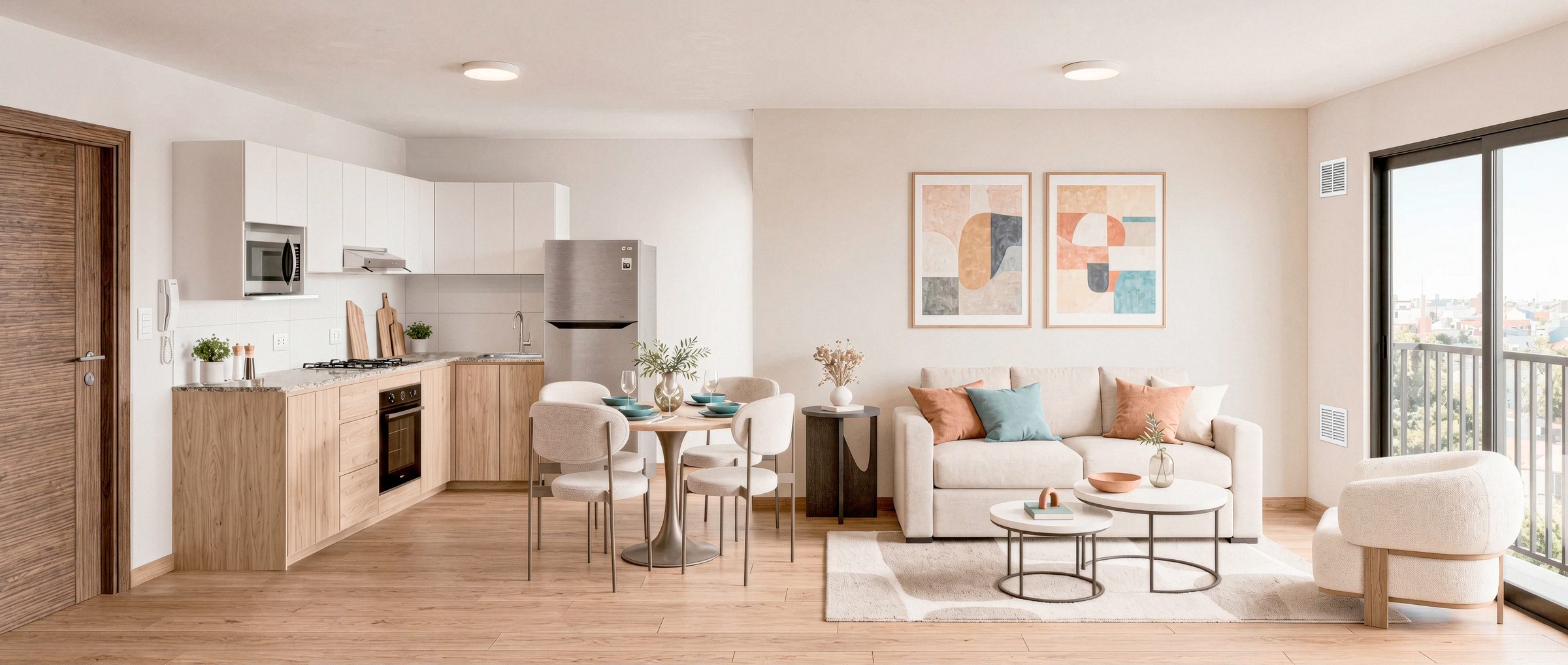 Sala, comedor y cocina · Montaire · render de VIZIA STUDIO