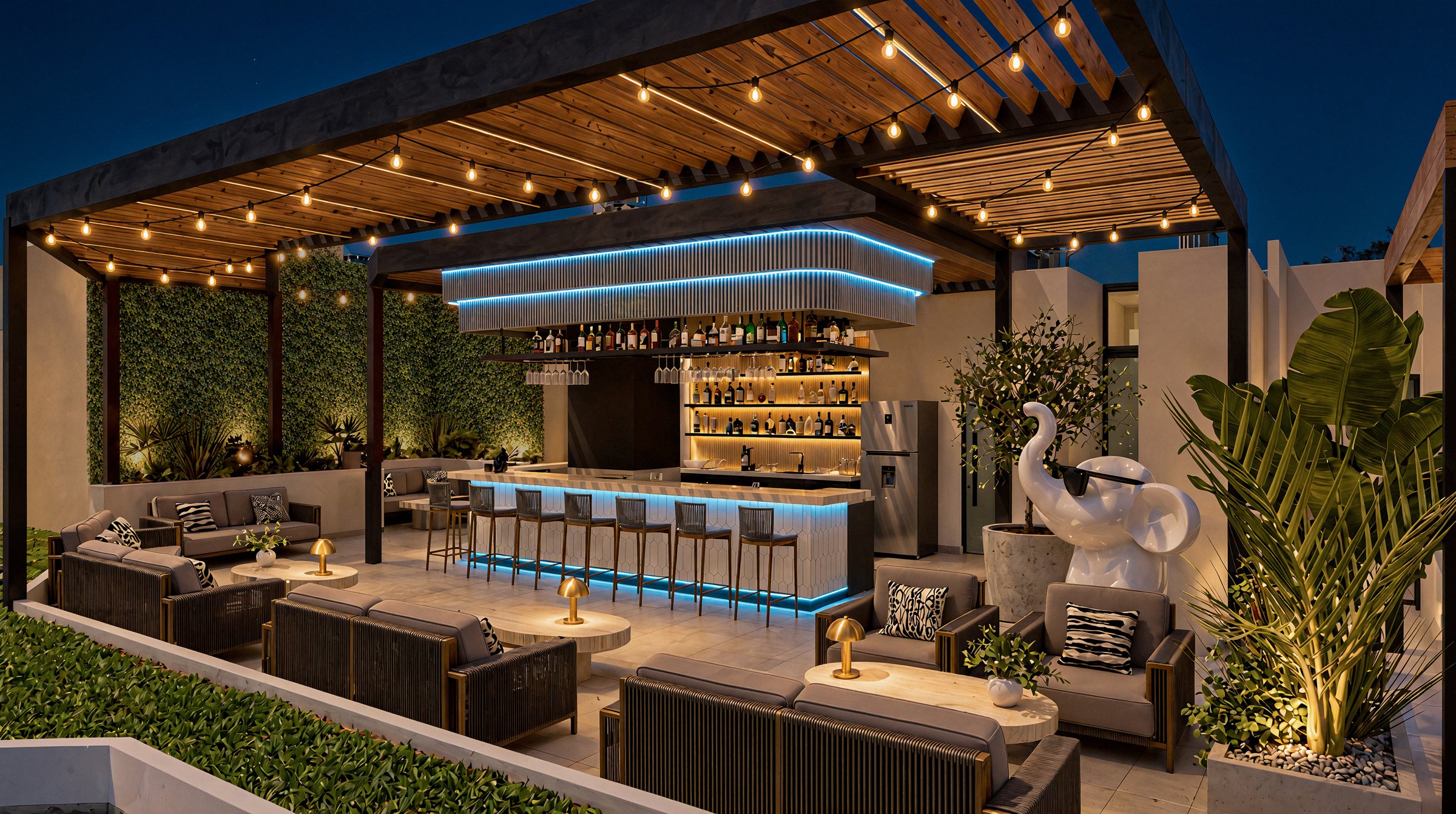Rooftop bar de noche con LED azul