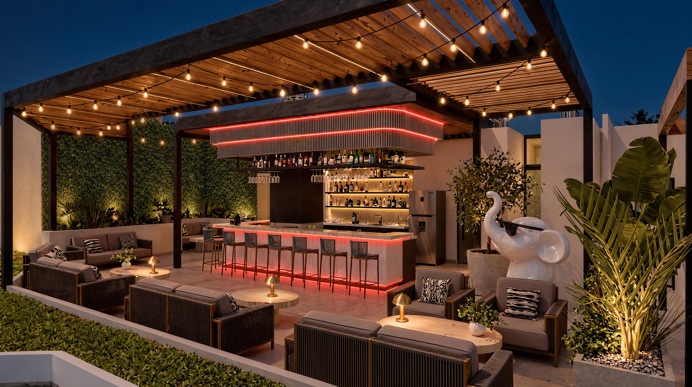 Rooftop bar de noche con LED rojo
